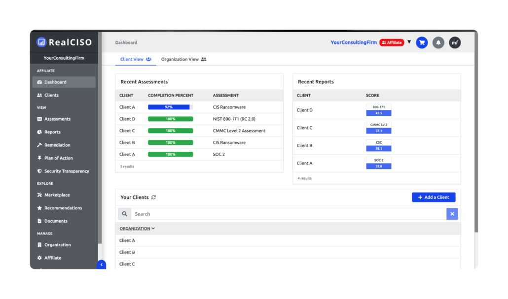 Affiliate View for MSPs, MSSPs, vCISO - vCISO Platform