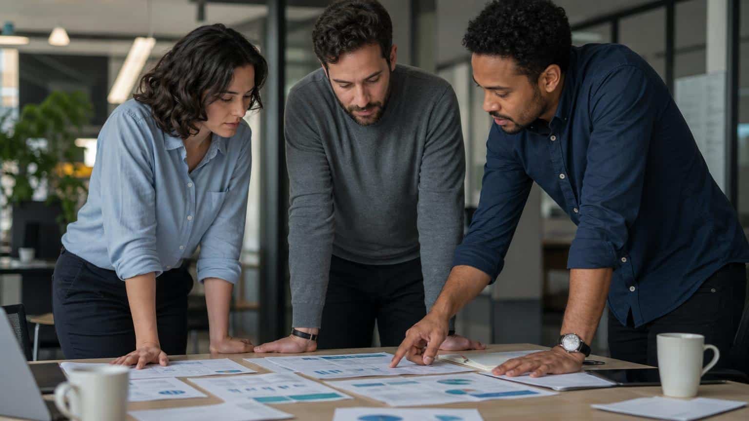 Three diverse professionals lean over a wooden table in a modern office, reviewing and pointing at data charts and documents.