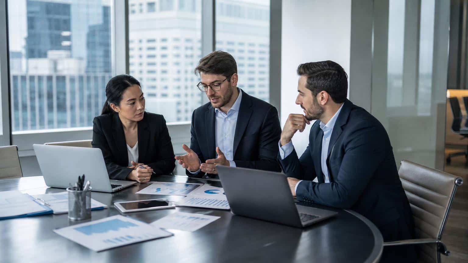 Three professionals in business attire discuss data charts and laptops around a conference table in a modern high-rise office.