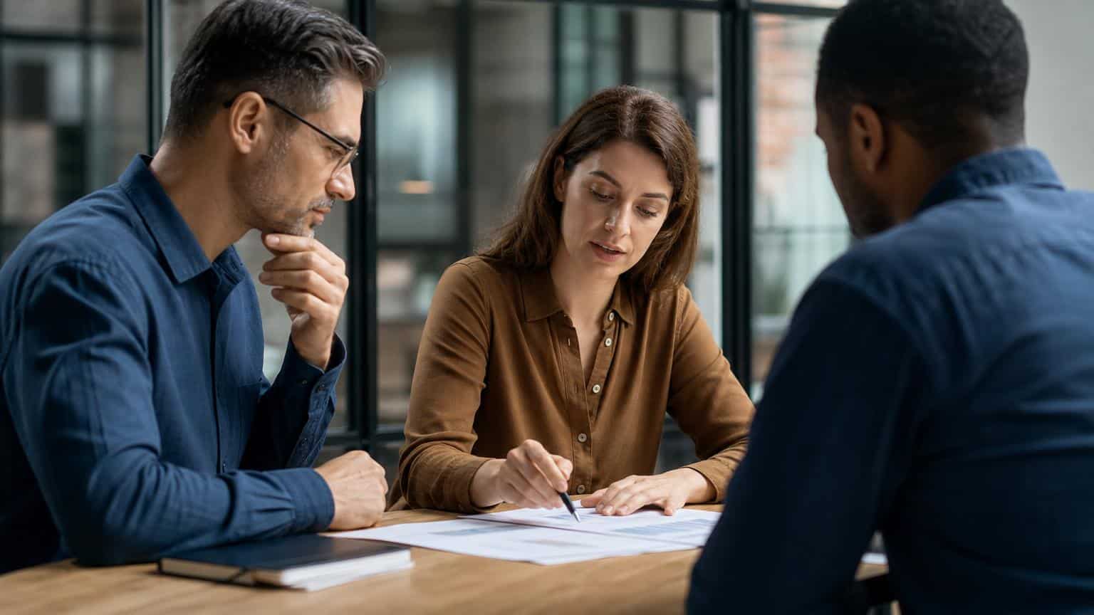 Three professionals sit at a wooden table in a modern office, focused on reviewing and pointing at documents during a serious business meeting.