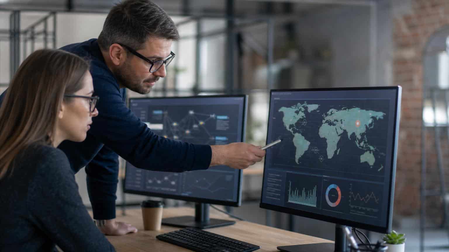Two IT professionals analyze a global security map and data charts on dual computer monitors in a modern office setting.