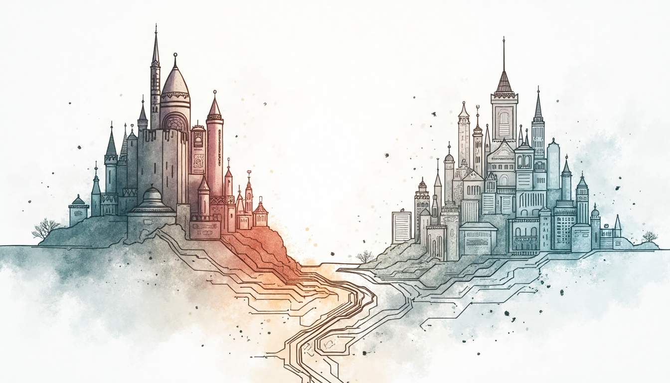 An abstract representation of two contrasting cybersecurity landscapes