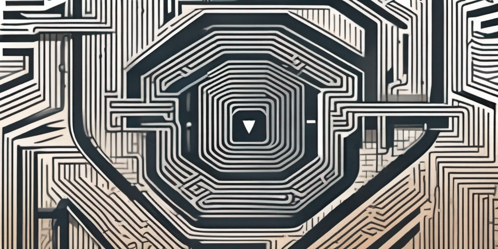 A virtual shield (symbolizing vcisos) navigating through a maze (representing compliance challenges)