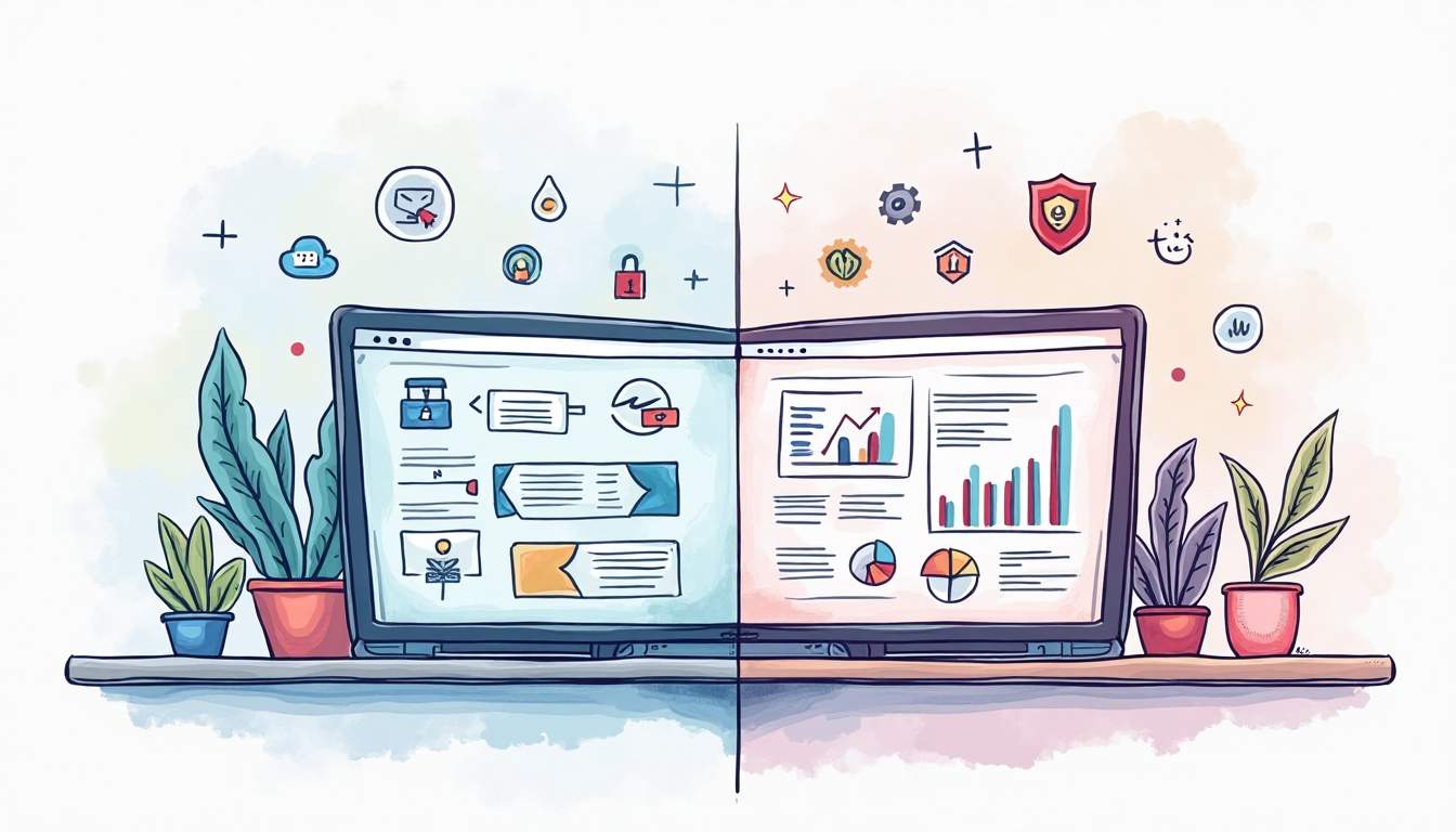 A split-screen comparison featuring two distinct environments: one side showcasing a secure