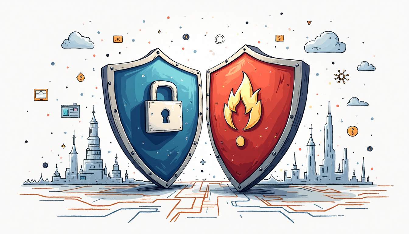 Draw an illustration of two contrasting cybersecurity shields